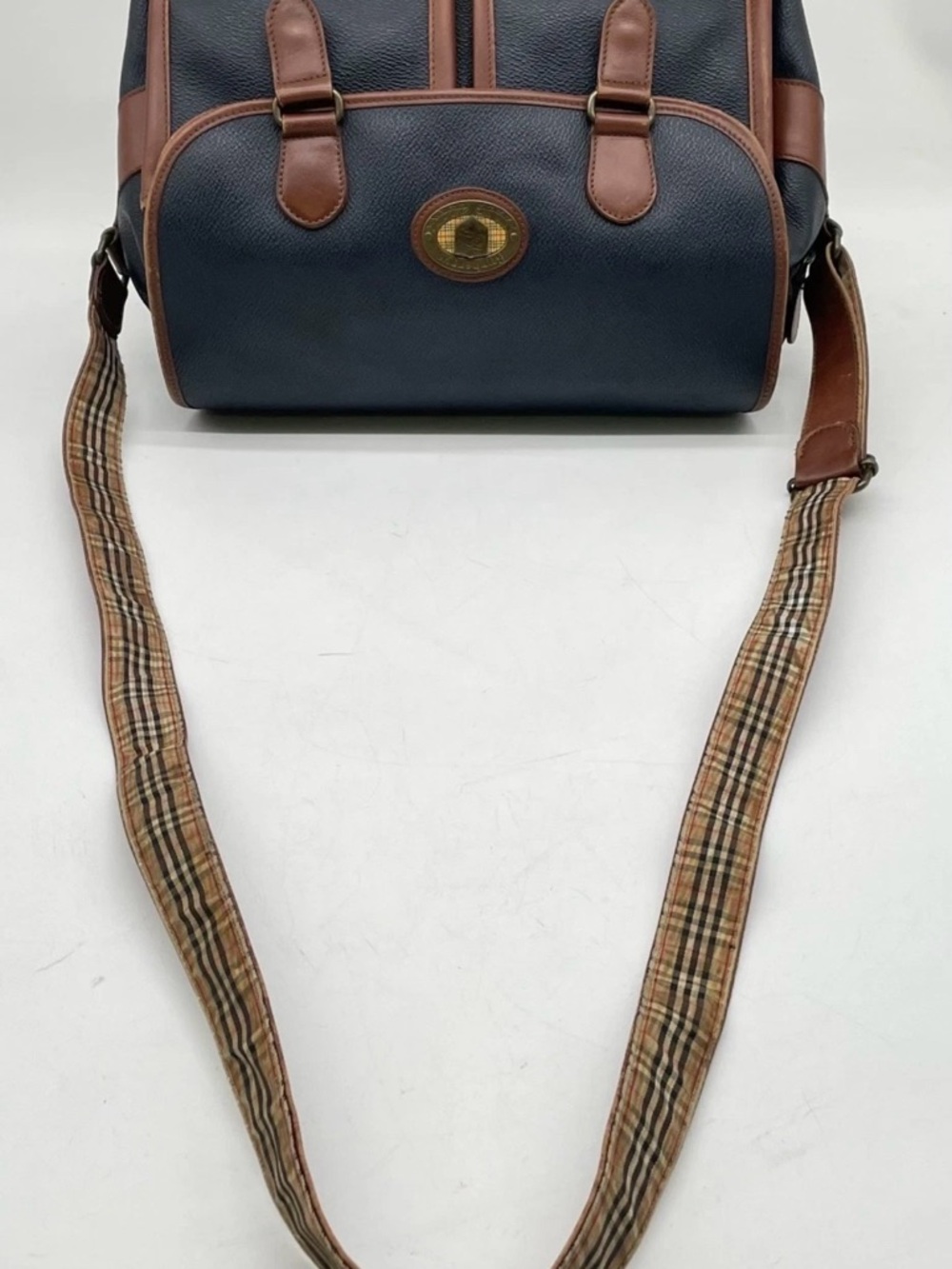 Burberry Navy and Brown Leather Trim Messenger Bag - Picture 2 of 10